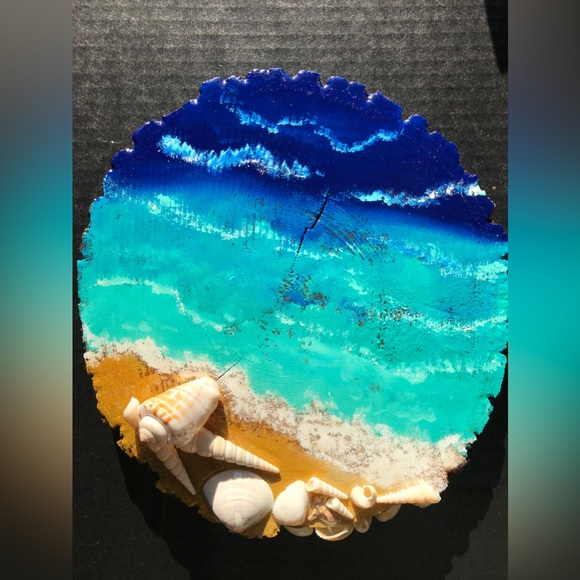 Beach Acrylic Artwork on Wood Slice - Picture 8 of 9